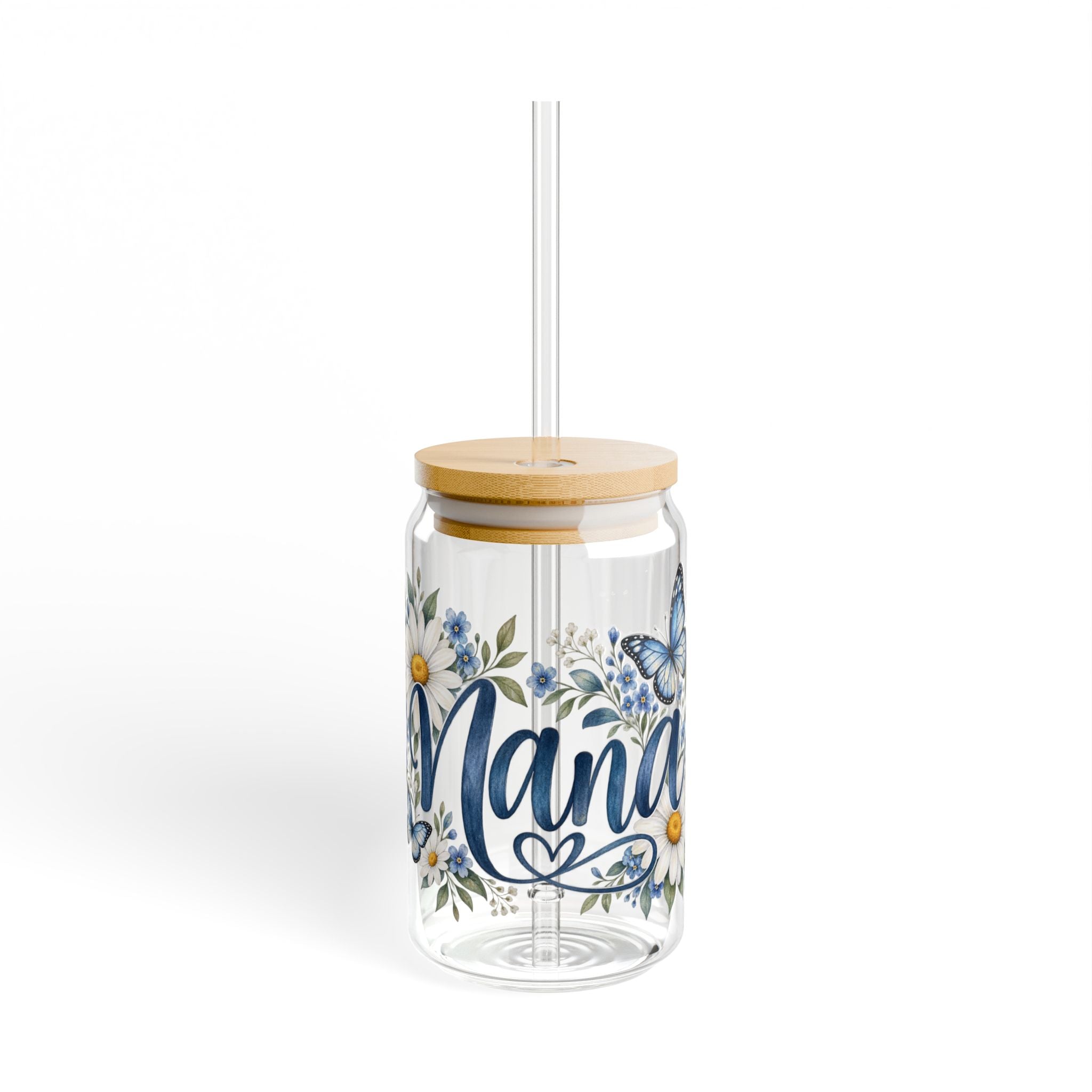 Nana Floral Sipper Glass — 16oz Daisies & Butterflies Tumbler with Bamboo Lid