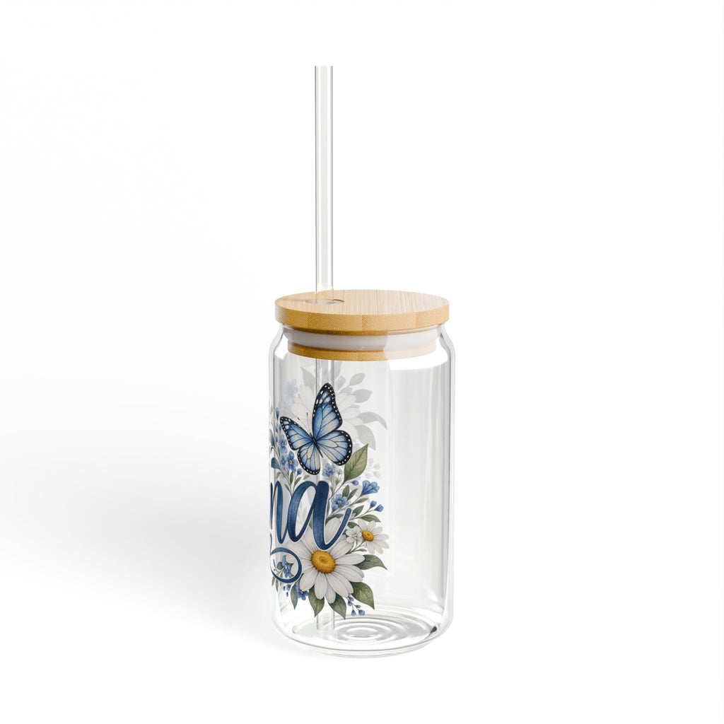 Nana Floral Sipper Glass — 16oz Daisies & Butterflies Tumbler with Bamboo Lid