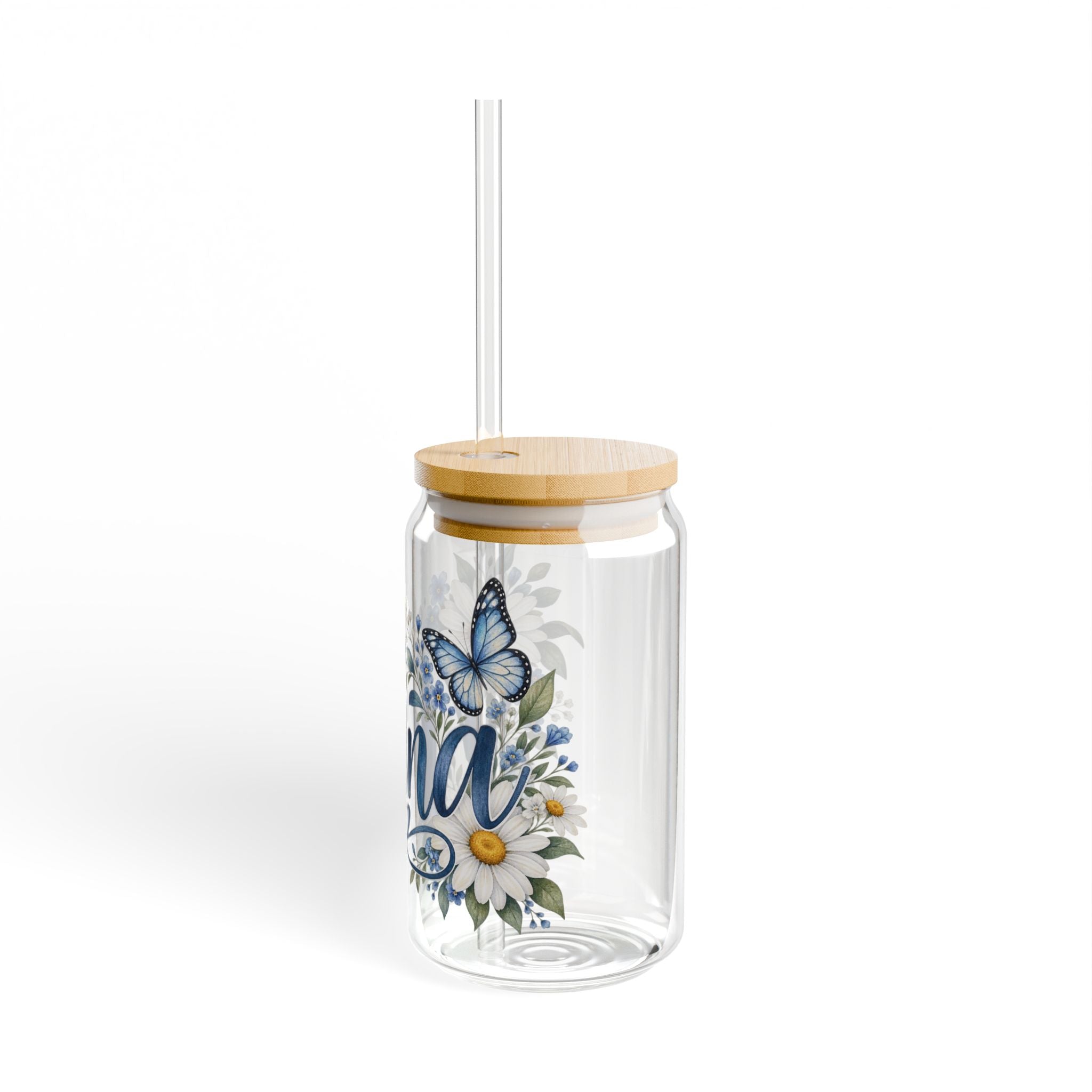 Nana Floral Sipper Glass — 16oz Daisies & Butterflies Tumbler with Bamboo Lid