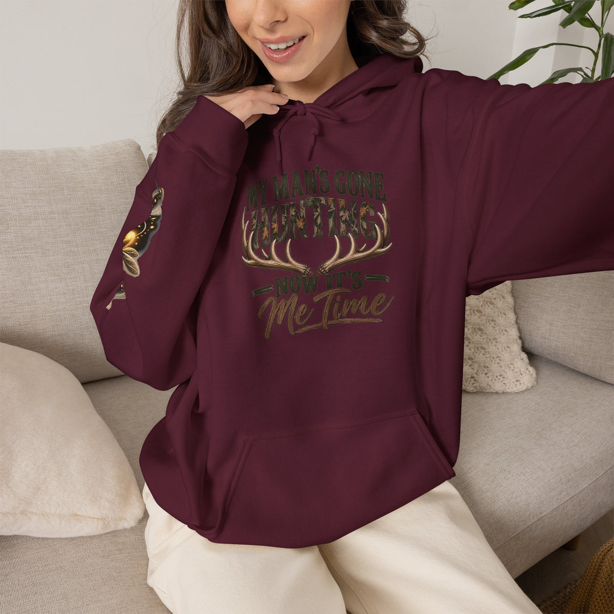 Hoodie — “My Man’s Gone Hunting Now It’s Me Time” Cozy Graphic Hoodie